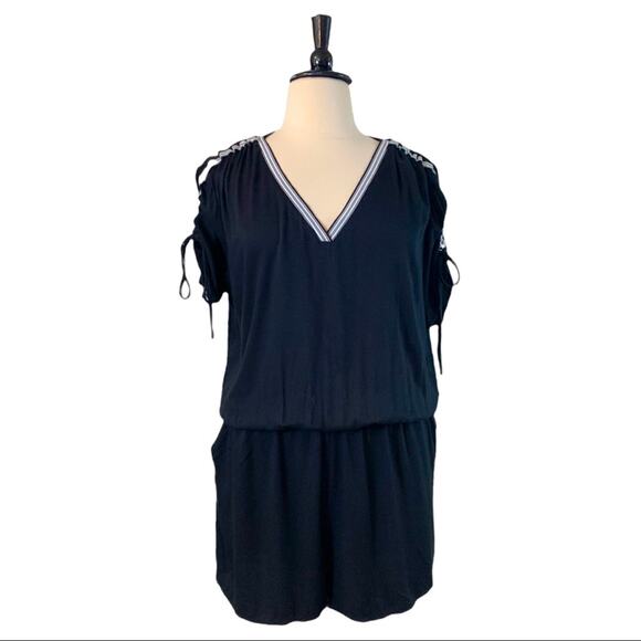 Project Runway Black White Trim Sporty V Neck Romper Women's Size 0X Plus - Picture 1 of 11